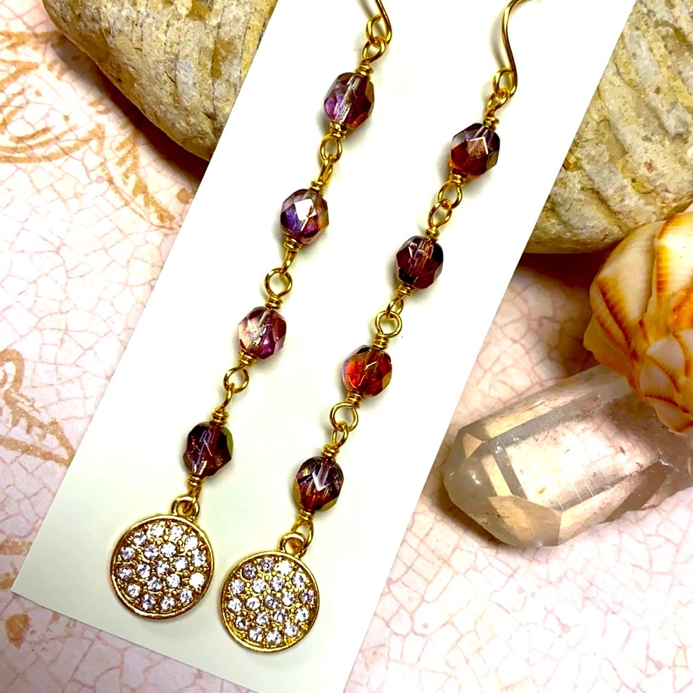 NEW LONG Autumn colored earrings sparkling rhinestone Czech copper bronze gold